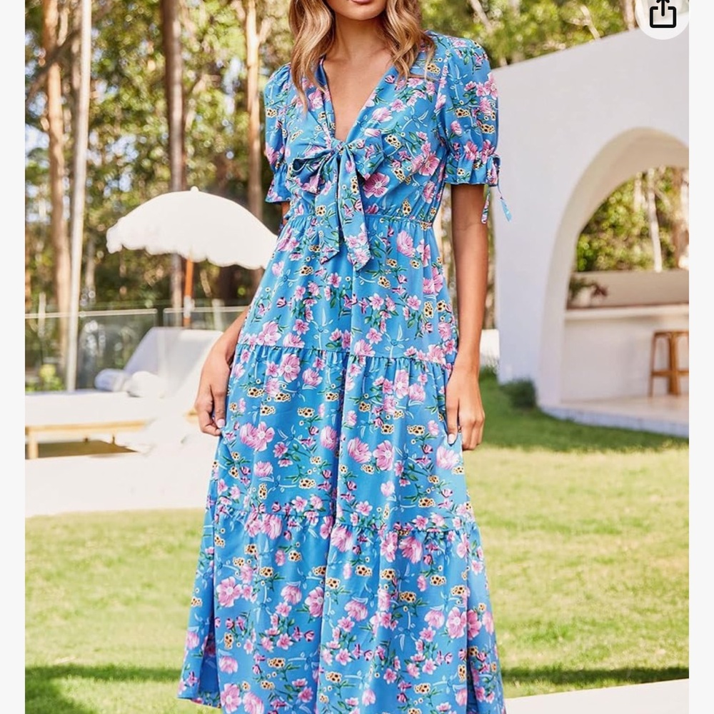 BTFBM Amazon Summer Boho Dress Tie Front Deep V Neck Cutout Maxi Dresses XL